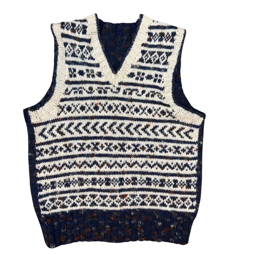 Unisex Handmade Fair Isle V Neck‎ Sweater Vest Navy Blue Tan Knit Sleeveless